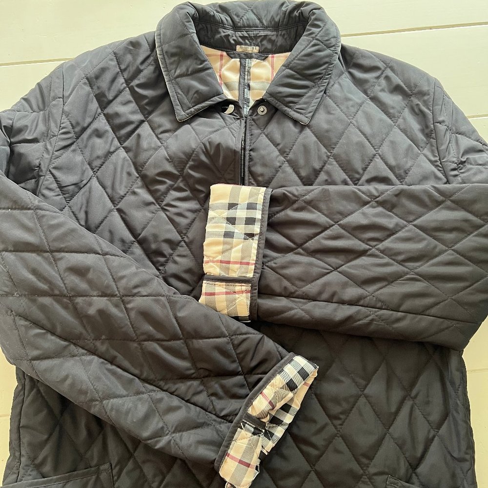 Black Quilted Burberry Coat with Tie
